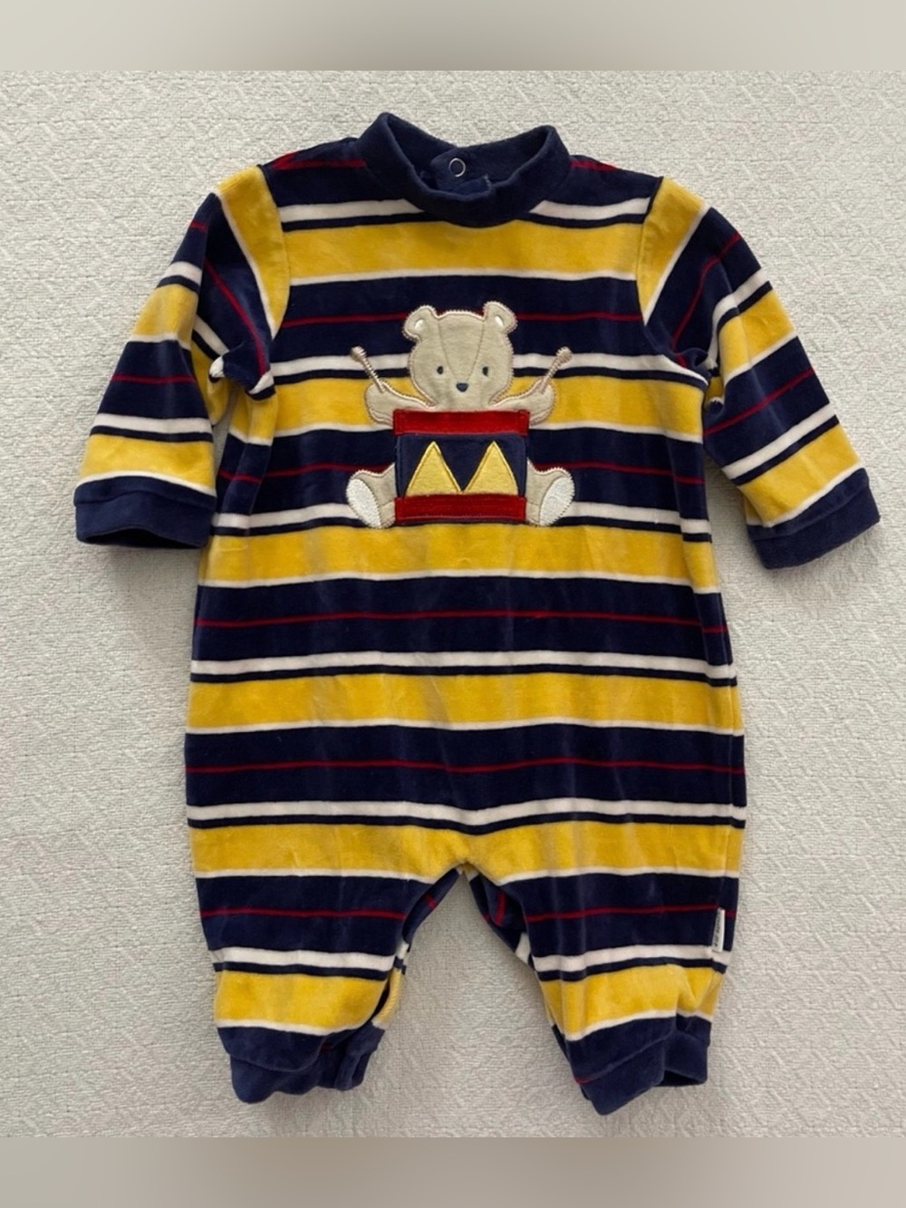 Little Me Vintage Yellow Navy and Red Striped Bear and Drum Appliqué Romper